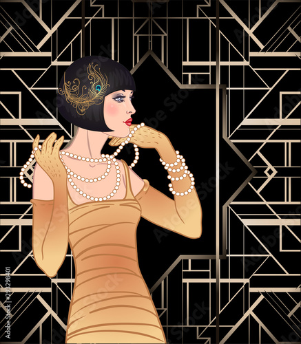 Art Deco vintage invitation template design with illustration of flapper girl. patterns and frames. Retro party background set (1920's style). Vector for glamour event, r jazz party.