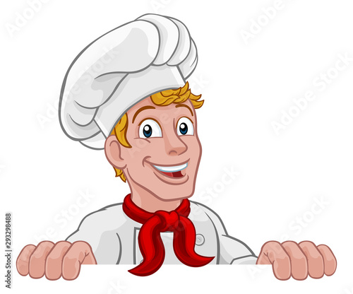 A chef cook or baker cartoon character mascot peeking over a sign