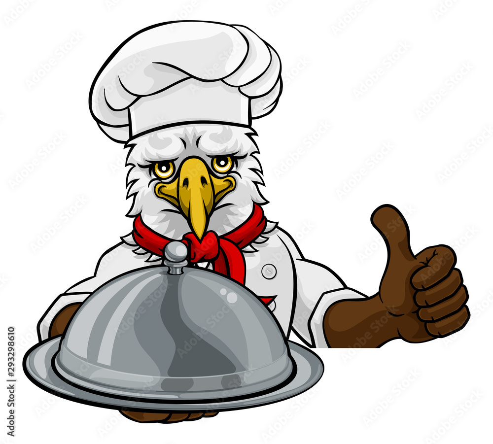 An eagle chef mascot cartoon character holding a silver platter cloche dome  of food peeking round a sign and giving a thumbs up Stock Vector | Adobe  Stock