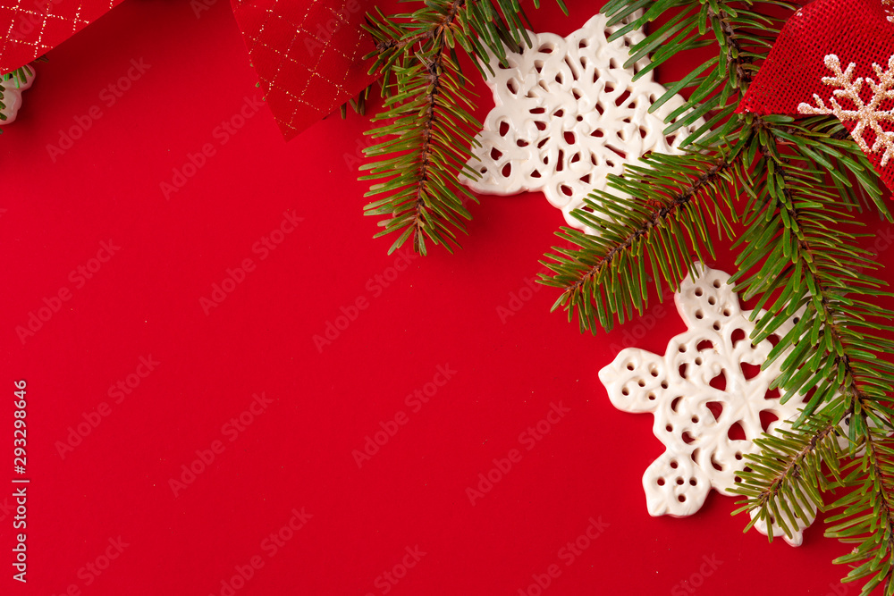 Christmas decorations background on red with copy space