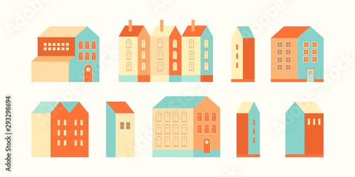 Set houses, buildings and architectural variations in a flat geometric style in vector. The concept of modern urban architecture. Various modern designs. Icons on the theme city, village,
