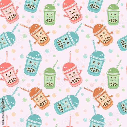 Seamless pattern black Tapioca pearls. Cute kawaii character bubble tea isolated on white background. Cartoon vector illustration of ball tapioca or boba. Boba tea, milk tea, Taiwanese drink.