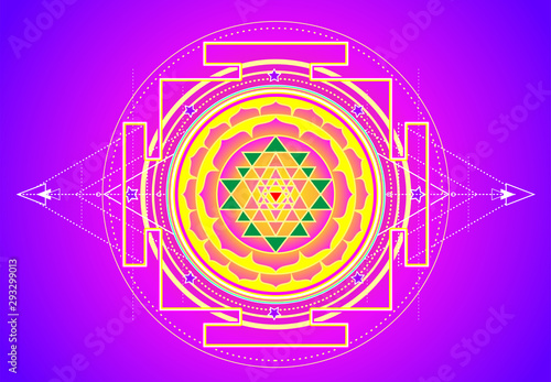 The Sri Yantra or Sri Chakra, form of mystical diagram, Shri Vidya school of Hindu tantra symbol. Sacred geometry vector design element. Vector illustration.