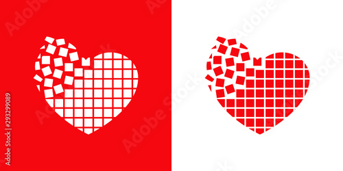 Logotipo con corazón con pixels en movimiento en rojo y blanco