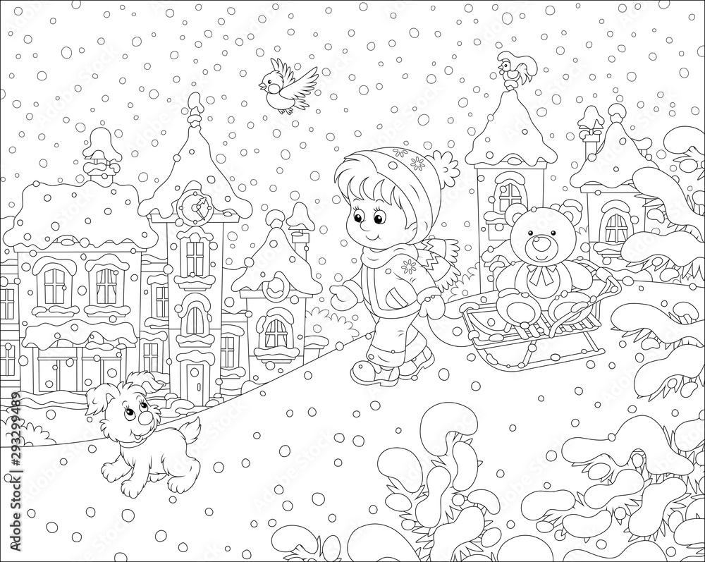 Little girl walking with her sledge and a toy bear on a snow-covered playground in a winter park of a small town, black and white vector illustration in a cartoon style for a coloring book
