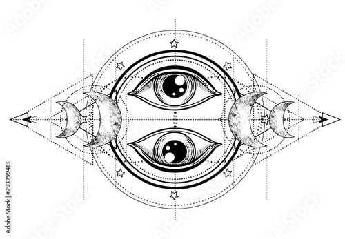 Eye of Providence. Masonic symbol. All seeing eye inside triple moon pagan Wicca moon goddess symbol. Vector illustration. Tattoo, astrology, alchemy, boho and magic symbol.