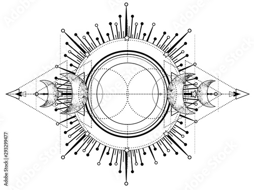 Eye of Providence. Masonic symbol. All seeing eye inside triple moon pagan Wicca moon goddess symbol. Vector illustration. Tattoo, astrology, alchemy, boho and magic symbol.
