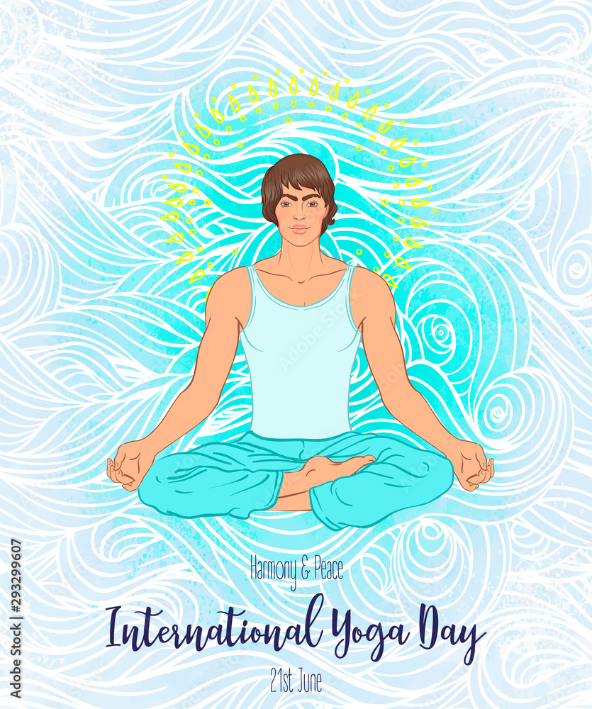Yoga card design. Beautiful Caucasian Man sitting in Lotus position. Colorful template for spiritual retreat or yoga studio. Ornamental business cards. Vector illustration.