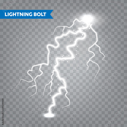 Realistic lightning on transparent background. Thunderstorm and lightning bolt. Sparks of light. Stormy weather effect. Vector illustration.