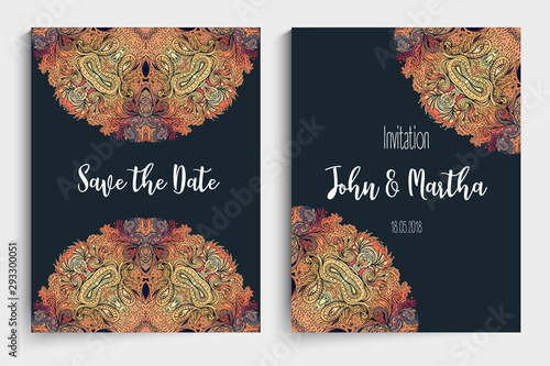 Stretch and Strength. Yoga card design. Colorful template for spiritual retreat or yoga studio. Ornamental business cards. Vector illustration