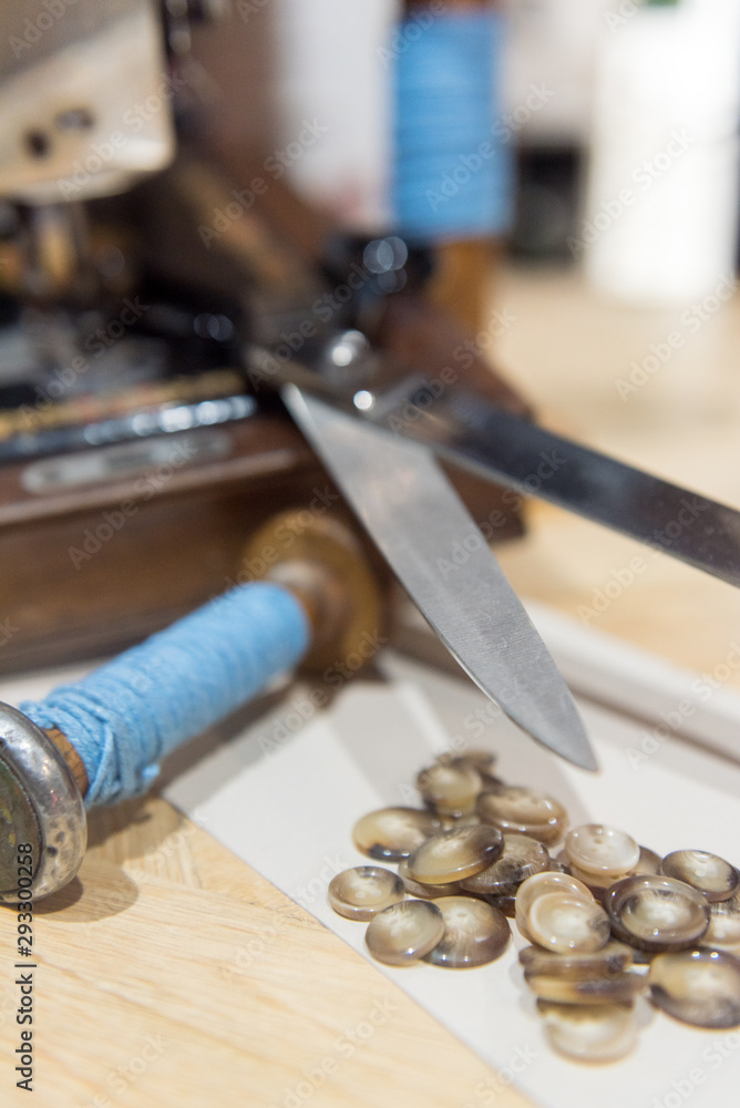 Tailor's Scissors, Buttons and Yarn