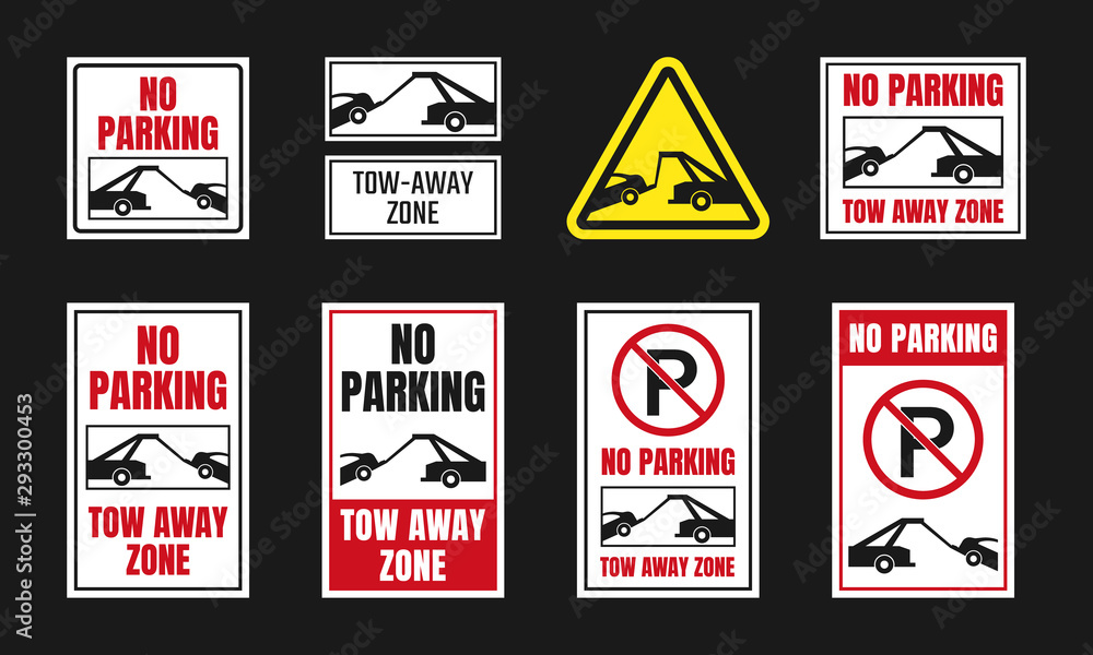 tow away zone signs, no parking icon set