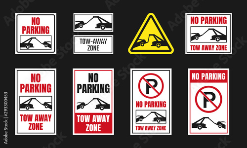tow away zone signs, no parking icon set