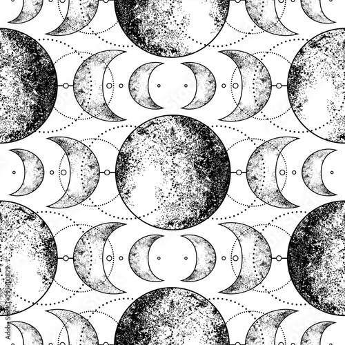 Triple moon pagan Wicca moon goddess symbol. Three-faced Goddess: Maiden – Mother – Crone vector illustration. Tattoo, astrology, alchemy, boho and magic symbol. Seamless pattern.