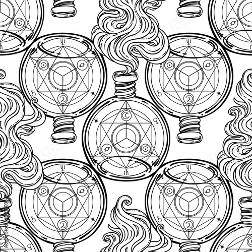 Mystic, magic, background. Religion and the occultism with esoteric and masonic symbols. Medieval manuscript inspired. Vector seamless pattern in retro style.