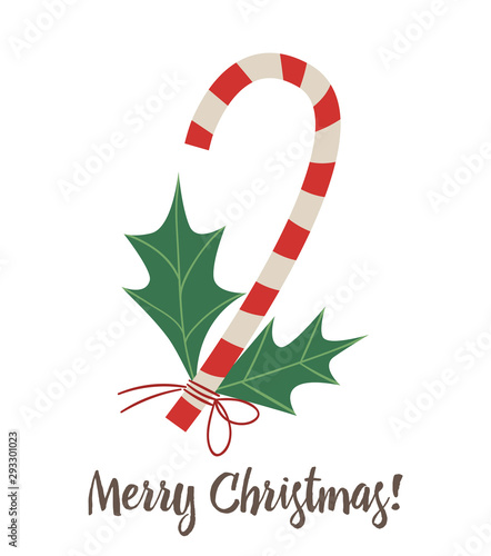 Vector candy cane with holly leaves isolated on white background. Cute funny illustration of new year symbol. Christmas flat style picture for decorations or design..