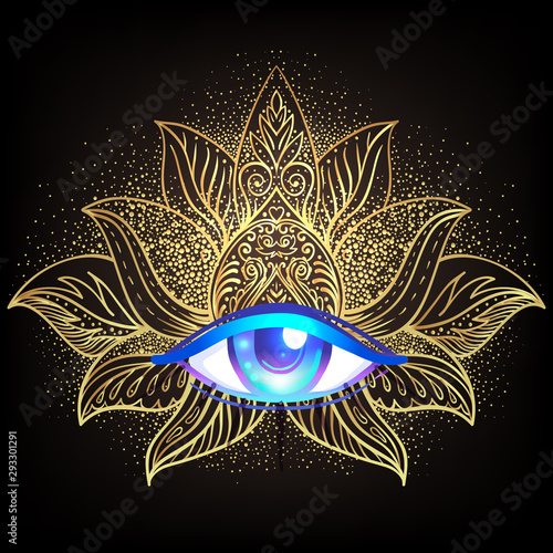 Sacred geometry symbol with all seeing eye over in gold. Mystic, alchemy, occult concept. Design for indie music cover, t-shirt print, psychedelic poster, flyer.