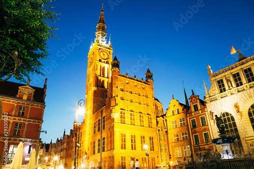 Town Hall and Neptune's Fountain at Dlugi Targ (Long Market) street at night in Gdansk, Poland
