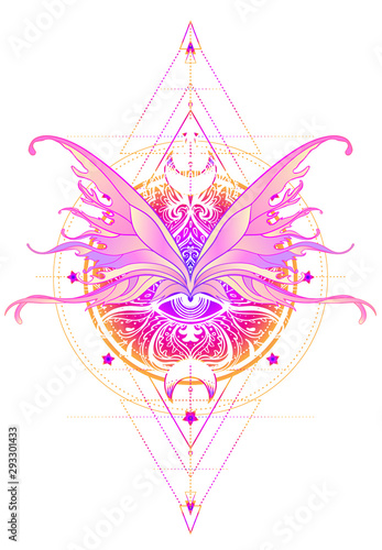 Rainbow colors butterfly over sacred geometry sign, isolated vector illustration. Tattoo sketch. Mystical symbols and insects. Alchemy, occultism, spirituality.