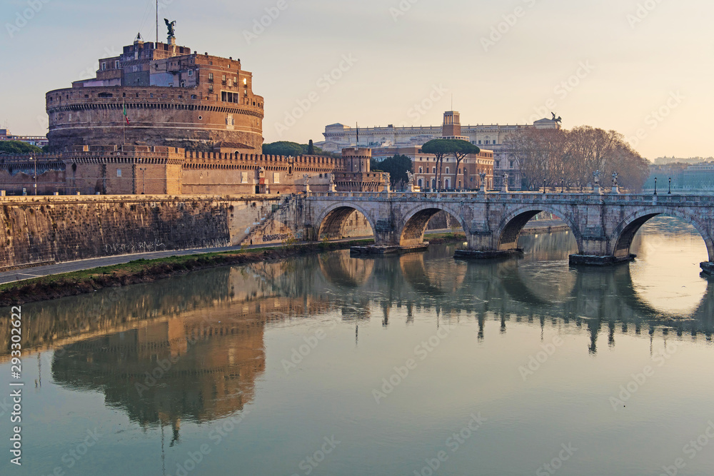 Rome, Italy, February 20, 2017 - view of Rome, Saint Angel Castle, Italy. Tiber River with bridges in Rome. Beautiful scenic panorama of Rome city.
