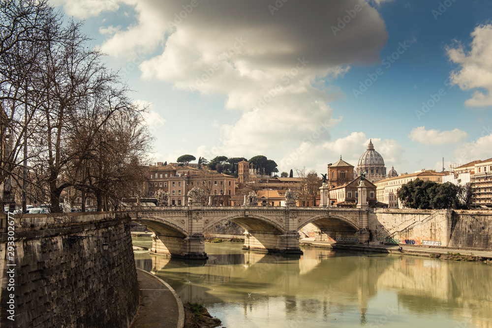 Rome, Italy, February 20, 2017 - view of Rome, Italy. Tiber River with bridges in Rome. Beautiful scenic panorama of Rome city.