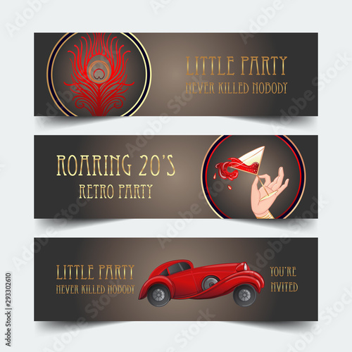 Art deco (1920's style)  banner set. Female hand holding cocktail glass with splash. vintage invitation template design for drink list, bar menu, glamour event, thematic wedding,