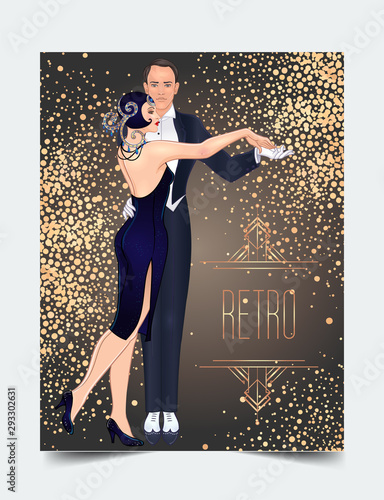 Art Deco vintage invitation template design with illustration of flapper girl. patterns and frames. Retro party background set (1920's style). Vector for glamour event