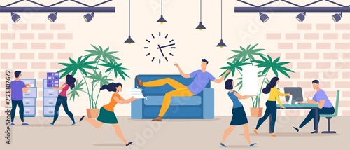 Man Procrastinating while Coworkers Working Hard
