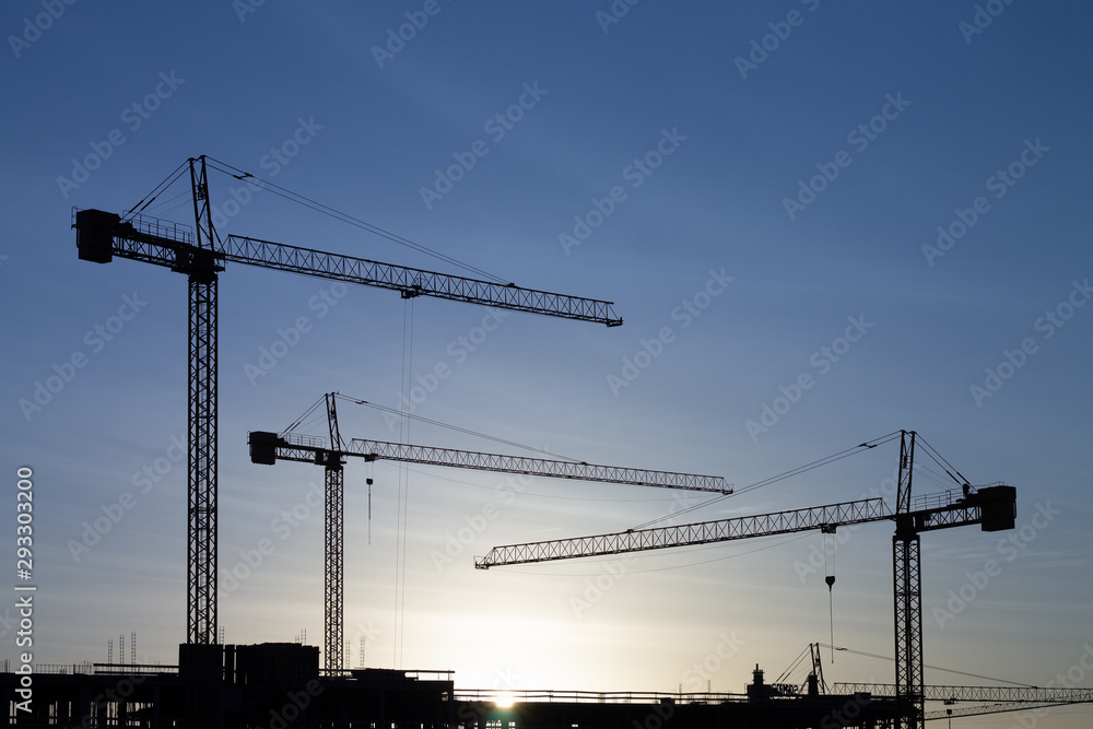 group of cranes on construction site at dawn