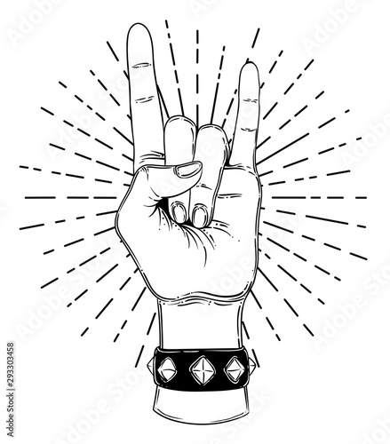 Rock and roll sign. Hand drawn illustration of human hand showing sign of the horns.