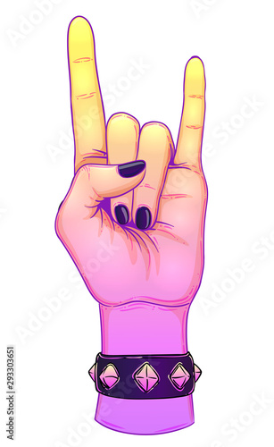 Rock and roll sign. Hand drawn illustration of human hand showing sign of the horns. Gesture of Heavy metal culture.