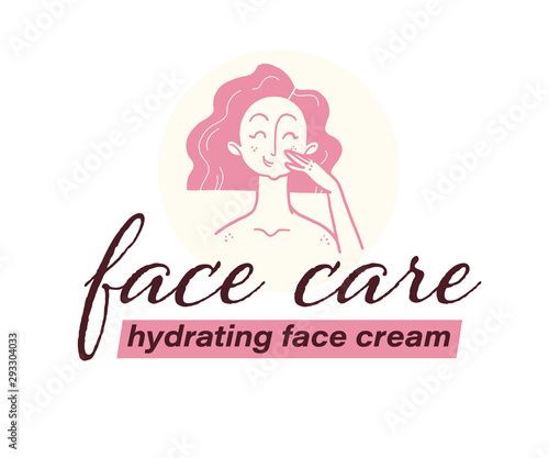 Vector skin care logo design concept with lady portrait & human hand illustration icon in hand drawn style isolated on light background. Face cream emblem, moisturizer packaging badge beauty body care