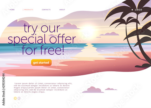 Vector landing page design template with beautiful flat sunset seacoast with palm trees landscape illustration. Special offer, vacation discount banner concept. For travel agency, touristic firm.