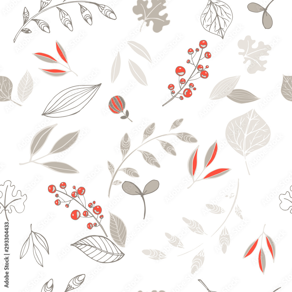 Obraz Seamless autumn background with leaves and red berries