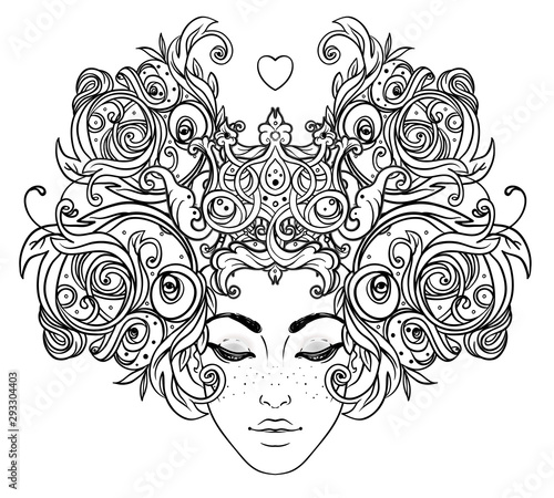Tribal Fusion Boho Diva. Beautiful Asian divine girl with ornate crown, kokoshnik inspired. Bohemian goddess. Hand drawn elegant illustration. Lotus flower, ethnic art