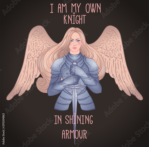 .Portrait of beautiful girl with archangel wings. Female knight in armour and sword. Vector isolated illustration. Medieval aesthetics. Girl power. Joan of Arc inspired. Sticker, patch design