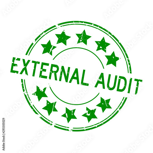 Grunge green external audit word with star icon round rubber seal stamp on white background