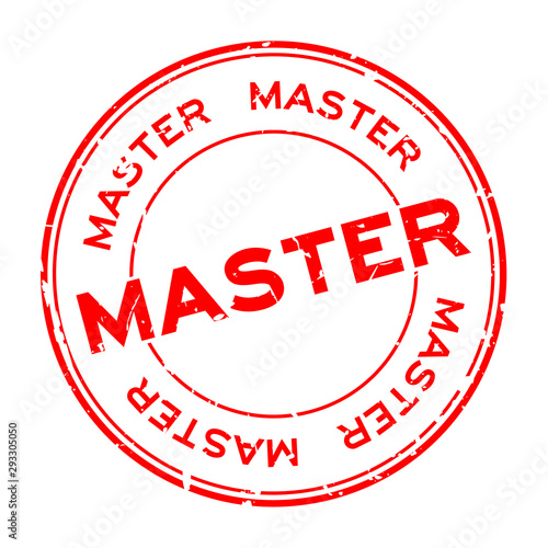 Grunge red master word round rubber seal stamp on white background