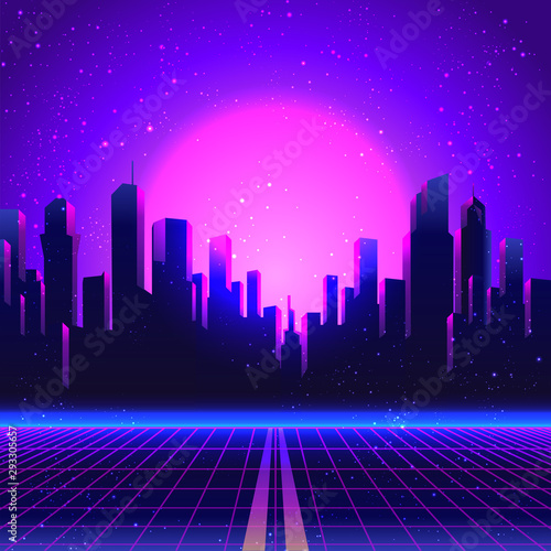Vector futuristic synth wave illustration. 80s Retro poster Background with Night City Skyline. Rave party Flyer design template