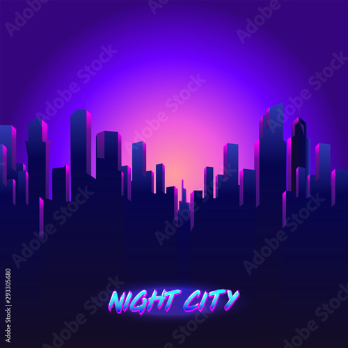 Vector futuristic synth wave illustration. 80s Retro poster Background with Night City Skyline. Rave party Flyer design template