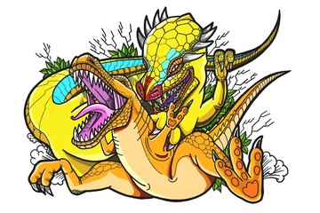 Poster Dinosaurus Kind schildert vrolijke dinosaurus  © Metha