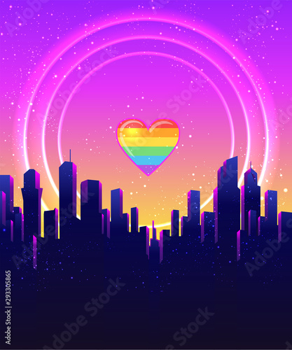 Retro Futurism. Vector futuristic synth wave illustration. 80s Retro poster Background with Night City Skyline. Rave party Flyer design template