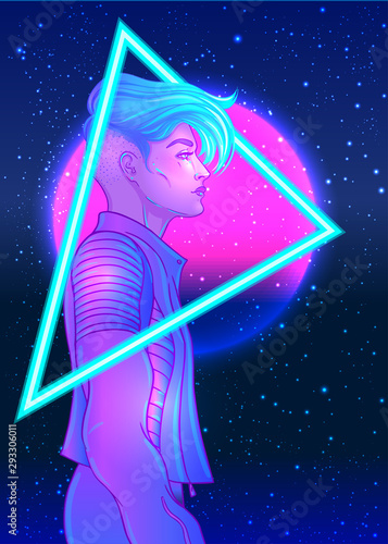 Portrait of a young pretty androgynous woman with short shaved pixie undercut in retro futurism style. Vector illustration in neon bright colors. Blue short hair. futuristic synth wave