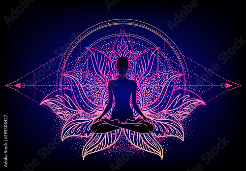 Fototapeta Chakra concept. Inner love, light and peace. Buddha silhouette in lotus position over colorful ornate mandala. Vector illustration isolated. Buddhism esoteric motifs.