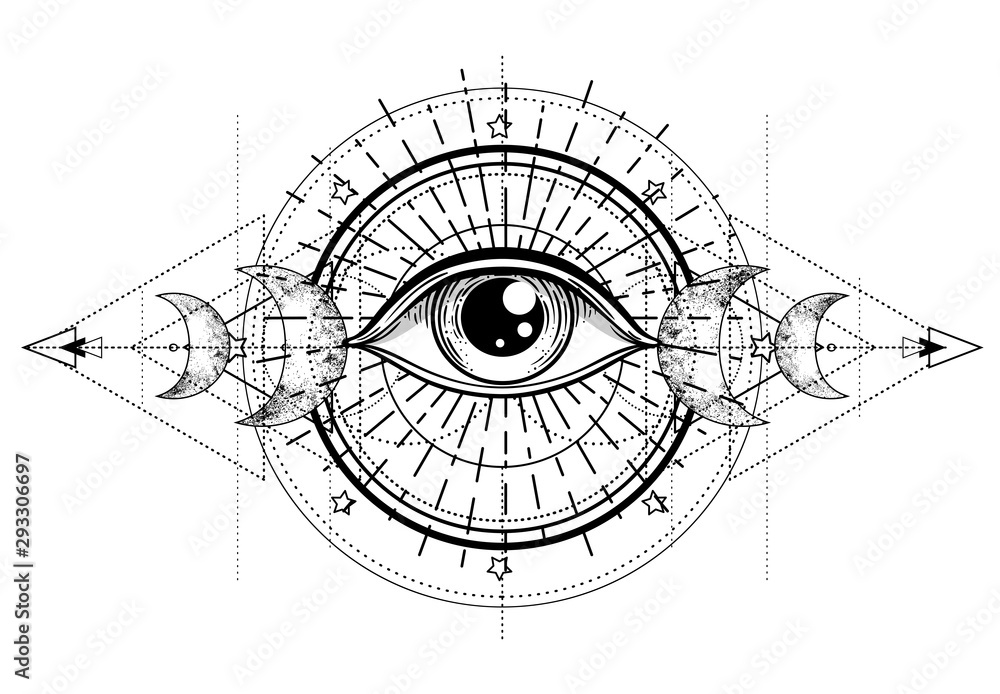 Eye of Providence. Masonic symbol. All seeing eye inside triple moon pagan Wicca moon goddess symbol. Vector illustration. Tattoo, astrology, alchemy, boho and magic symbol. - obrazy, fototapety, plakaty 