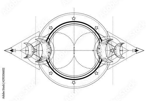 Triple moon pagan Wicca moon goddess symbol. Three-faced Goddess: Maiden – Mother – Crone vector illustration.  Tattoo, astrology, alchemy, boho and magic symbol.