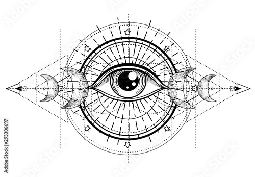 Eye of Providence. Masonic symbol. All seeing eye inside triple moon pagan Wicca moon goddess symbol. Vector illustration. Tattoo, astrology, alchemy, boho and magic symbol. photo