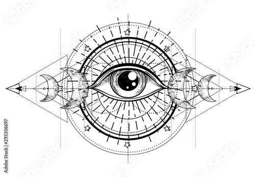 Eye of Providence. Masonic symbol. All seeing eye inside triple moon pagan Wicca moon goddess symbol. Vector illustration. Tattoo, astrology, alchemy, boho and magic symbol.