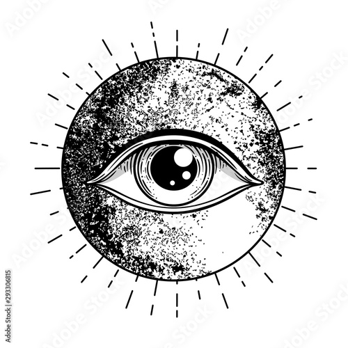 Eye of Providence. Masonic symbol. All seeing eye inside triple moon pagan Wicca moon goddess symbol. Vector illustration. Tattoo, astrology, alchemy, boho and magic symbol.