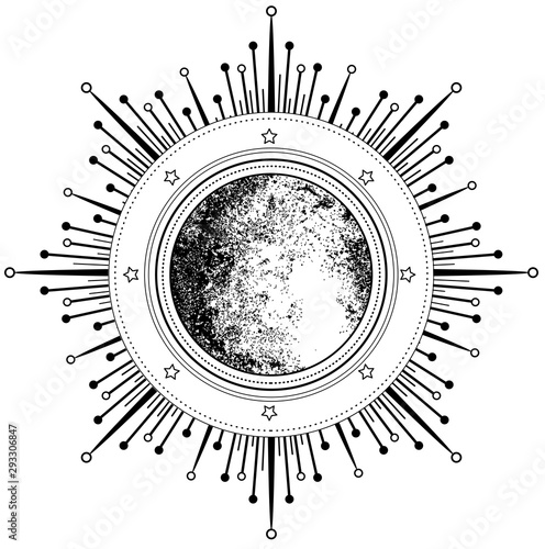 Eye of Providence. Masonic symbol. All seeing eye inside triple moon pagan Wicca moon goddess symbol. Vector illustration. Tattoo, astrology, alchemy, boho and magic symbol.